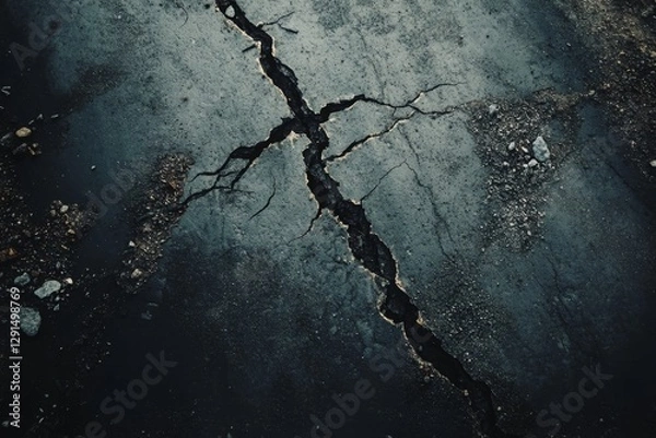 Fototapeta Broken road by nature, Asphalt road collapsed and fallen