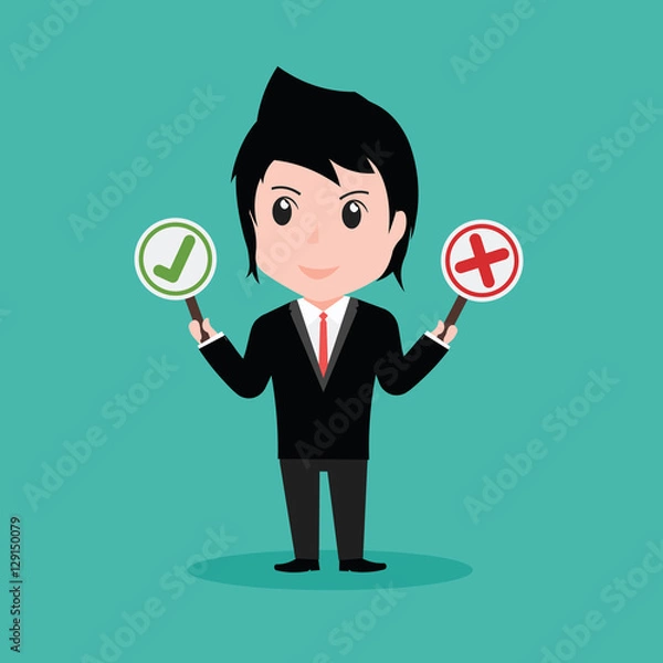 Obraz Businessman holding right and wrong signs, cartoon