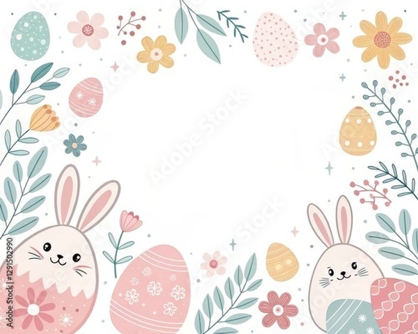 Fototapeta a charming easter illustration, featuring decorated eggs, adorable bunnies, and flowers arranged around an open space. The illustration evokes feelings of joy, renewal, and the celebration of spring.