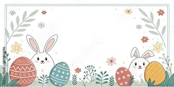 Fototapeta a charming Easter-themed illustration with bunny and eggs in spring field. it is a frame composition with copy space, evoking feelings of joy and celebration.