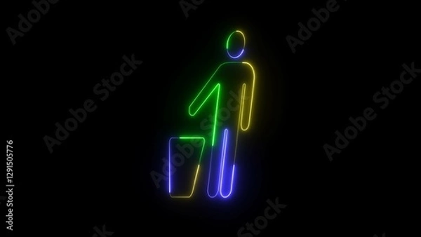 Fototapeta A glowing neon man with dustbin icon animation. Beggar homeless guy near trash can for concept of urban problems and poverty after crisis concept.