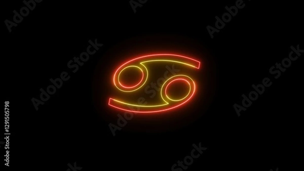 Fototapeta Neon cancer node icon red and yellow color glowing animated on black background.