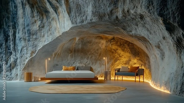 Obraz Cave Bedroom: A Stunning 3D Render of a Rock Interior Design AI Generated