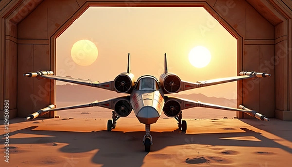 Obraz X-wing fighter parked in a desert hangar with a Tatooine landscape, two setting suns, sandy floor, detailed cockpit, and realistic shadows