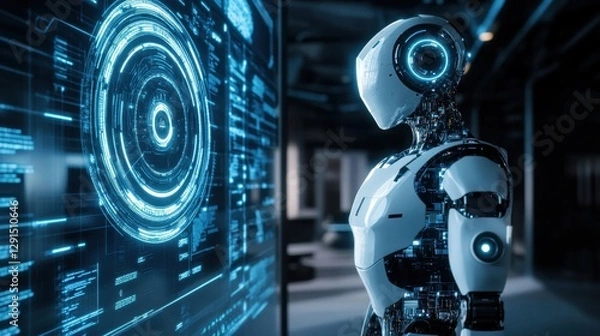 Fototapeta Futuristic AI robot with glowing circuits, standing in a high-tech office, interacting with a holographic interface