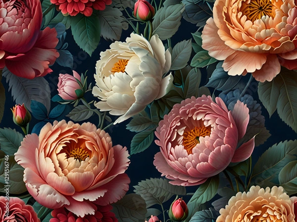 Fototapeta A stunning floral design with an embossed effect, featuring intricately detailed roses, peonies, and wildflowers in soft pastel and vibrant hues. The petals appear raised and textured, mimicking