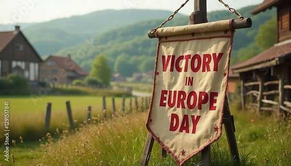 Obraz Victory in Europe Day banner on a wooden stand in a rural European village with green hills in the background on a sunny morning, featuring weathered wood, faded colors, and realistic fabric folds