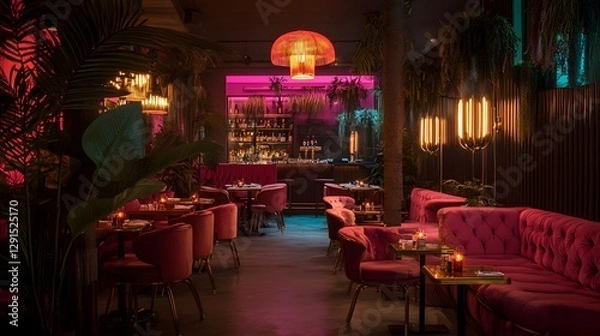 Obraz Exotic bar interior at night: An alluring bar interior with a vibrant mix of tropical foliage, stylish furnishings, and atmospheric lighting invites an immersive experience.