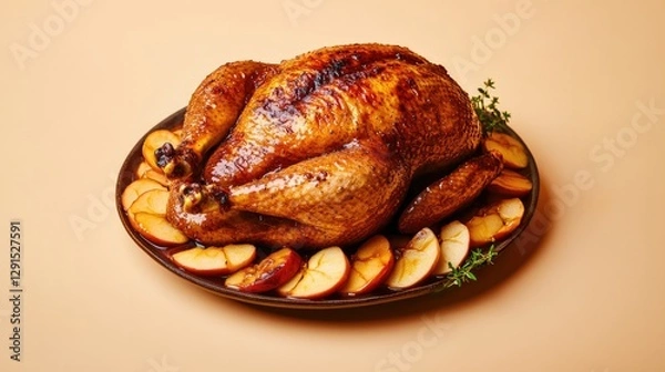 Obraz Golden roast turkey garnished with herbs on platter, surrounded