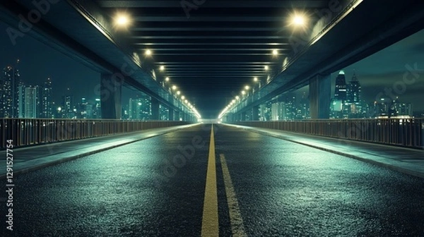 Fototapeta Empty asphalt road under a bridge at night with a stunning city skyline in the background 3D rendering