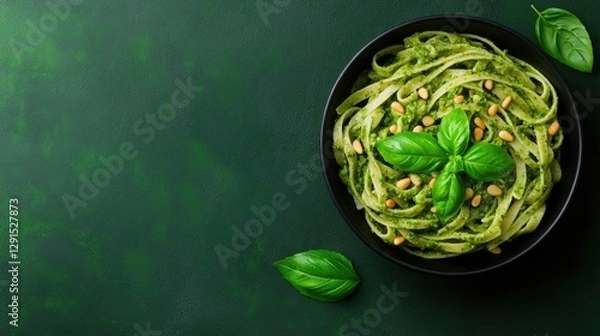 Obraz Delicious green pasta garnished with fresh basil leaves on dark