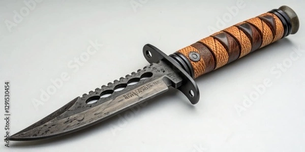 Fototapeta Unique handcrafted knife with leather wrapped handle designed for outdoor adventures and survival tasks