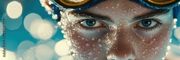Fototapeta Close-up of a Swimmer's Face with Water Droplets.