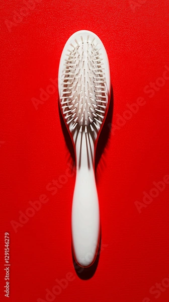 Fototapeta Solitary White Hairbrush Centered on a Striking Red Backdrop

