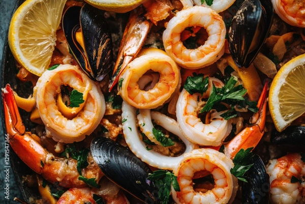 Obraz close-up photo of a seafood dish with squid rings and mussels decorated with lemon