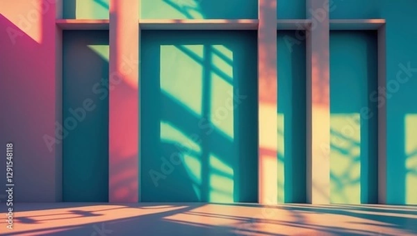 Fototapeta Blue wall with pink sunlight shadows. Columns and windows. Abstract architecture backdrop with sun rays during day.