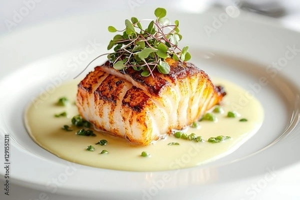 Fototapeta A beautifully plated piece of grilled fish topped with microgreens, served on a creamy sauce, showcasing culinary artistry.