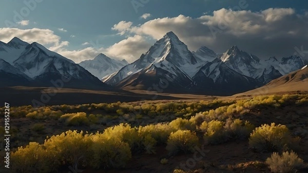 Obraz Sunlit Valley Framing Snow-Capped Mountains