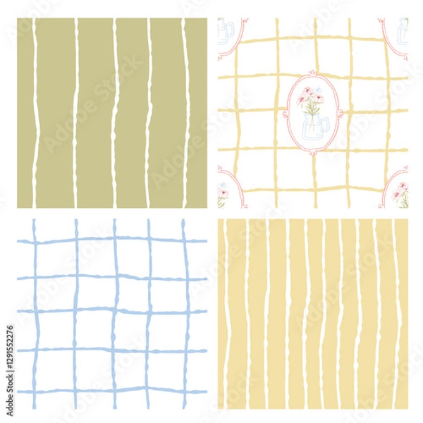 Fototapeta Hand-Drawn Pastel Geometric Patterns Set – Stripes, Grids, and Abstract Textures. Boho Geometric and Floral Patterns, Checkered, Lines, and Doodle Elements, Organic Grid and Line Textures