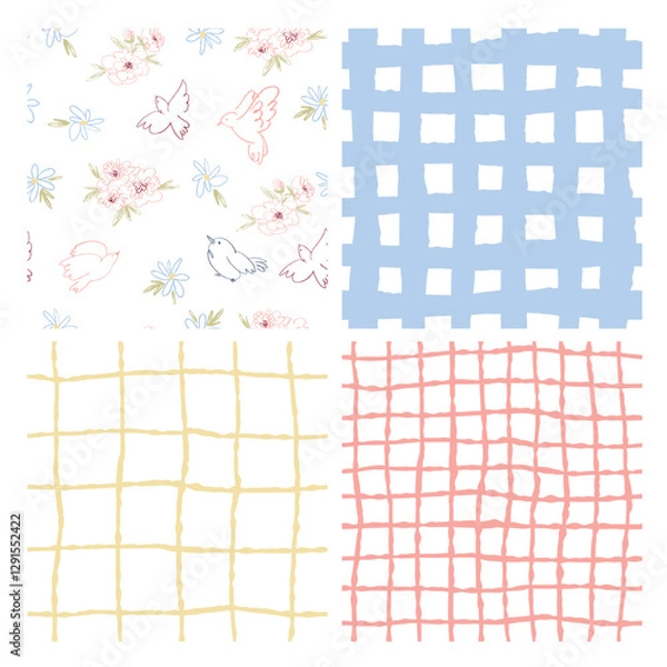 Fototapeta Hand-Drawn Pastel Geometric Patterns Set – Stripes, Grids, and Abstract Textures. Boho Geometric and Floral Patterns, Checkered, Lines, and Doodle Elements, Organic Grid and Line Textures