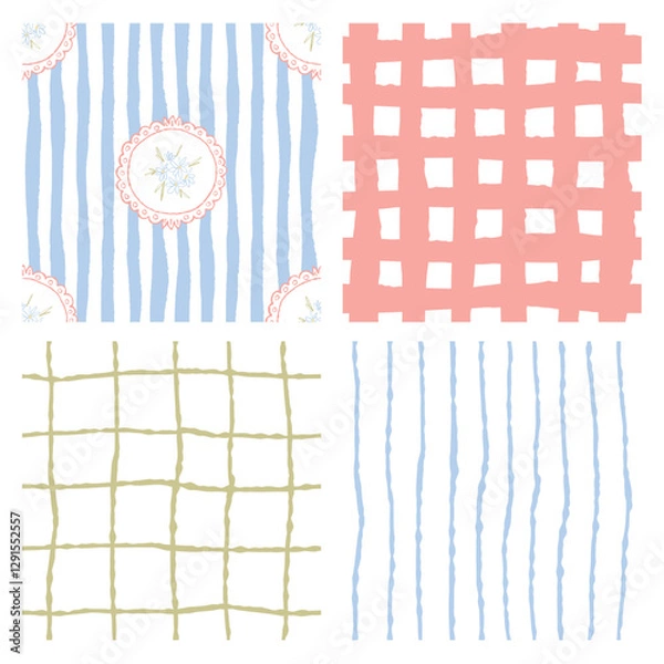 Fototapeta Hand-Drawn Pastel Geometric Patterns Set – Stripes, Grids, and Abstract Textures. Boho Geometric and Floral Patterns, Checkered, Lines, and Doodle Elements, Organic Grid and Line Textures