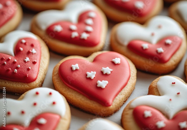 Fototapeta Close Up of Red and White Heart Shaped Sugar Cookies with Sprinkles