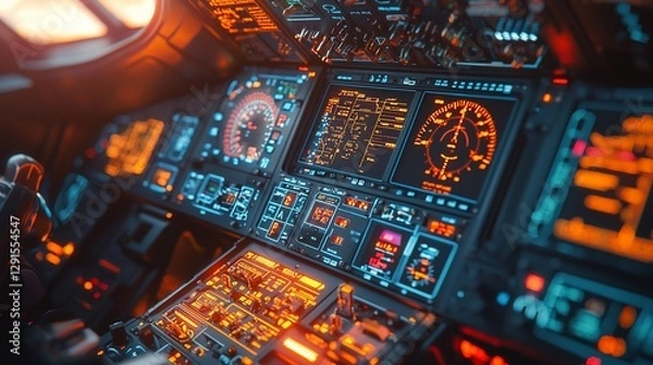 Obraz Modern aircraft cockpit with illuminated digital displays and controls.