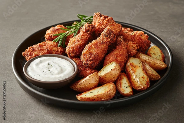 Obraz  a platter piled with crispy  fried chicken pieces paired with thick-cut seasoned potato wedges