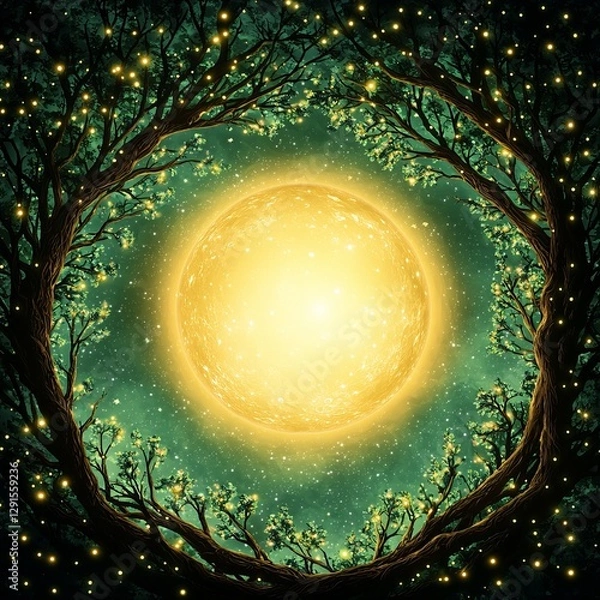 Fototapeta Mystical celestial moon aura. A mystical scene featuring a glowing golden sun encircled by leafy branches and twinkling stars, creating an enchanting atmosphere.