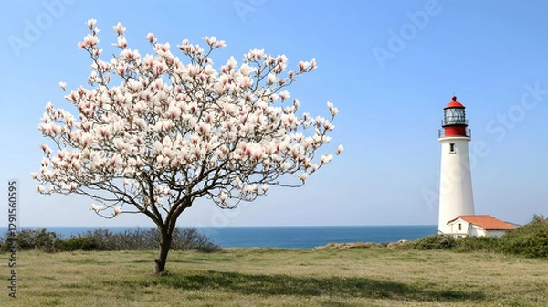 Fototapeta Spring blossoms by a lighthouse
