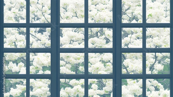 Fototapeta Spring blossoms seen through a lattice window
