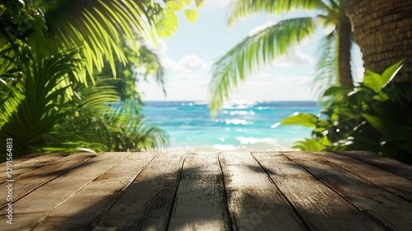 Fototapeta Sunlit Tropical Beach View From a Wooden Deck Surrounded by Lush Greenery and Palm Trees During a Clear Day at a Serene Coastal Location