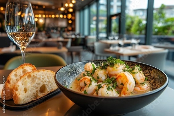 Fototapeta Garlic gambas al ajillo with toasted bread and white wine in restaurant setting