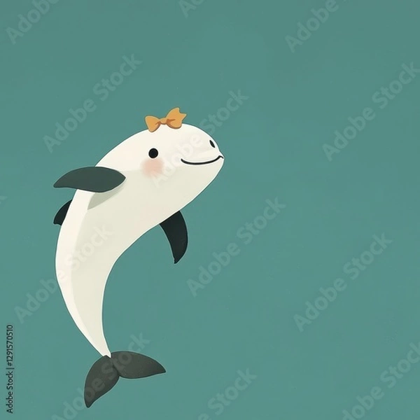 Fototapeta Adorable Kawaii Dolphin with Bow on Head Leaping Joyfully Against Simple Background