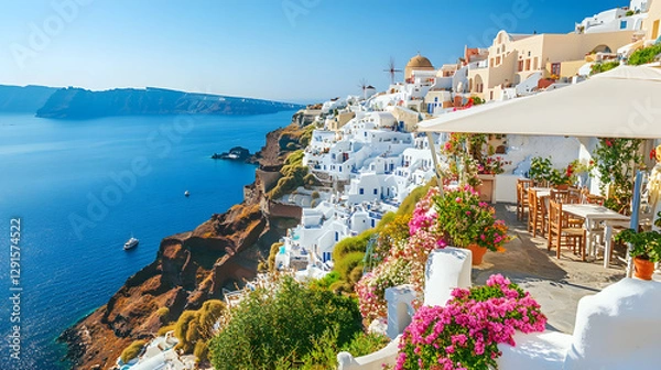 Fototapeta A panoramic view of Santorini
