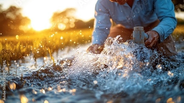 Obraz Farmer Irrigating Rice Paddy at Sunset