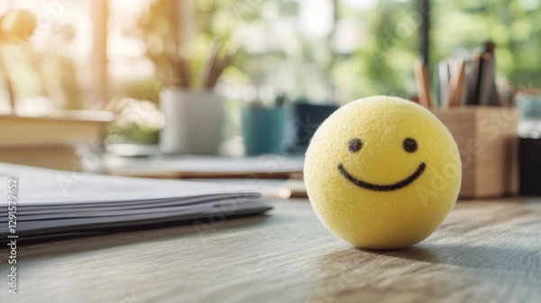 Obraz Bright yellow smiley face ball resting on wooden office desk, representing workplace happiness and positive team spirit