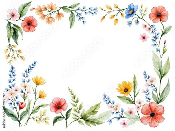 Fototapeta Delicate floral frame with vibrant colors and lush greenery