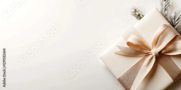 Fototapeta Elegant holiday gift wrapped in white paper with beige satin ribbon and pine branch on minimalist background
