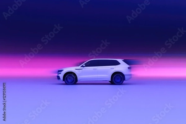 Fototapeta Sleek white SUV in motion, surrounded by dynamic purple and blue