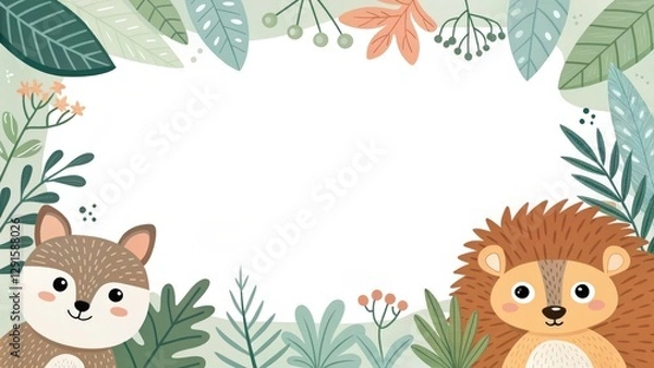 Fototapeta a cute illustration of a squirrel and a lion in a frame with leaves, creating a charming, nature-inspired design