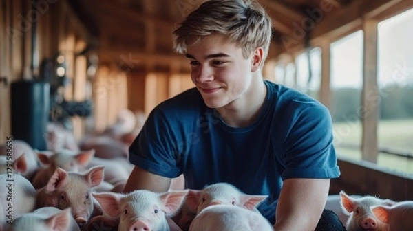 Obraz Young Farmer Tenderly Caring for Piglets in Barn