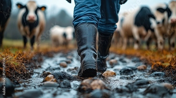 Obraz Farmer Walking Through Muddy Stream on Dairy Farm