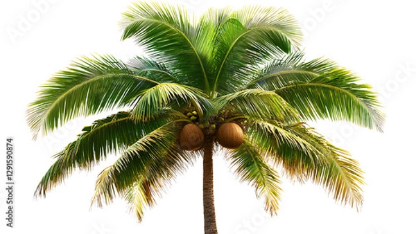 Fototapeta a tropical palm tree with green fronds and coconuts hanging from its branches