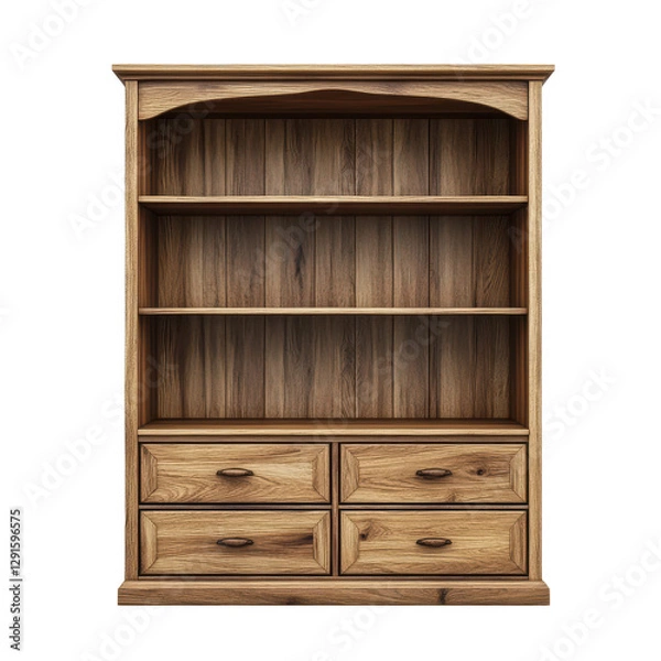 Fototapeta Empty Wooden Bookcase Shelves Drawers Rustic Design Home Decor, isolated on transparent background