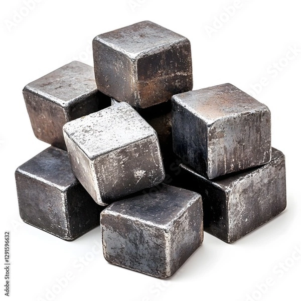 Fototapeta Stacked Iron Cubes on White Background Reflecting Industrial Strength and Simplicity
