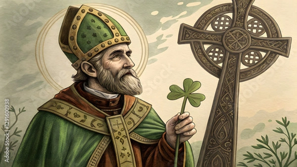 Fototapeta A vintage-style illustration of St. Patrick holding a shamrock, with a Celtic cross, St. Patrick's Day