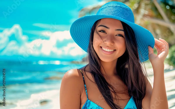 Fototapeta Woman on the beach with blue hat and blue swimsuit with print. The background includes the sea, blue sky with clouds and palm trees. The person holds the brim of the hat with one hand.