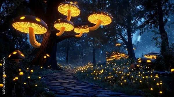 Fototapeta Enchanted Forest Path: Glowing Mushrooms at Night, 3D Render AI Generated