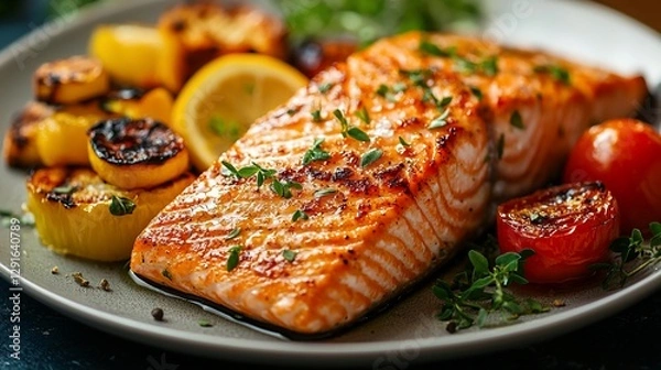 Obraz Grilled salmon fillet with roasted vegetables. (1)